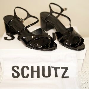 Schutz Keefa Mid Block Sandal Patent Leather